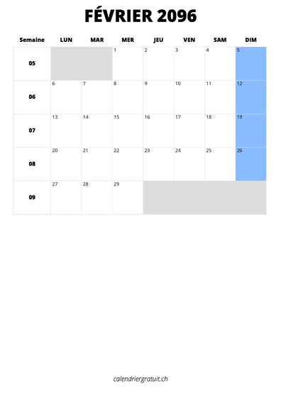 calendrier février 2096 calendrier février 2096 format portrait
