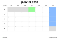 calendrier janvier 2032 calendrier janvier 2032 au format paysage