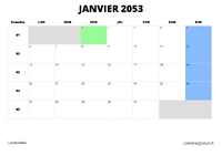 calendrier janvier 2053 au format paysage