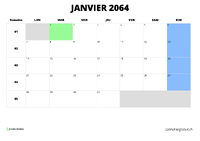 calendrier janvier 2064 au format paysage