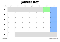 calendrier janvier 2067 au format paysage