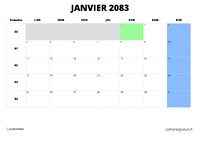 calendrier janvier 2083 au format paysage