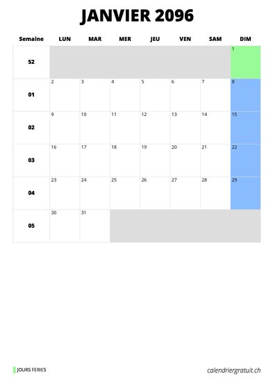 calendrier janvier 2096 format portrait