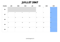 calendrier juillet 2067 au format paysage