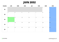 calendrier juin 2052 au format paysage