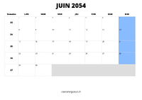 calendrier juin 2054 au format paysage