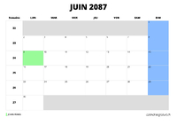 calendrier juin 2087 au format paysage