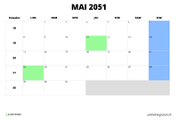 calendrier mai 2051 au format paysage
