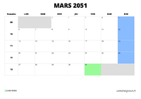 calendrier mars 2051 calendrier mars 2051 au format paysage