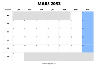 calendrier mars 2053 calendrier mars 2053 au format paysage