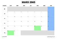 calendrier mars 2065 calendrier mars 2065 au format paysage