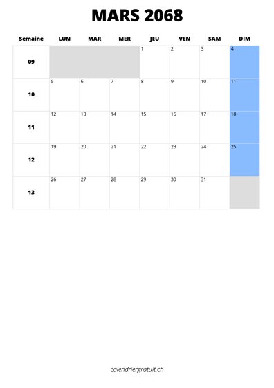 calendrier mars 2068 format portrait