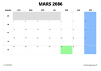 calendrier mars 2086 au format paysage