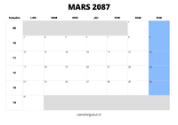 calendrier mars 2087 calendrier mars 2087 au format paysage