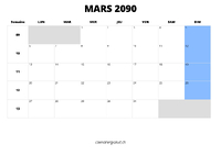 calendrier mars 2090 calendrier mars 2090 au format paysage