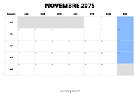 calendrier novembre 2075 au format paysage