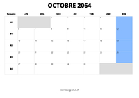 calendrier octobre 2064 au format paysage