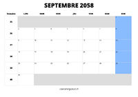 calendrier septembre 2058 au format paysage