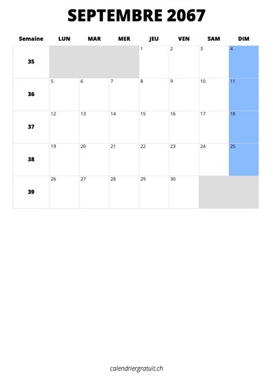 calendrier septembre 2067 calendrier septembre 2067 format portrait